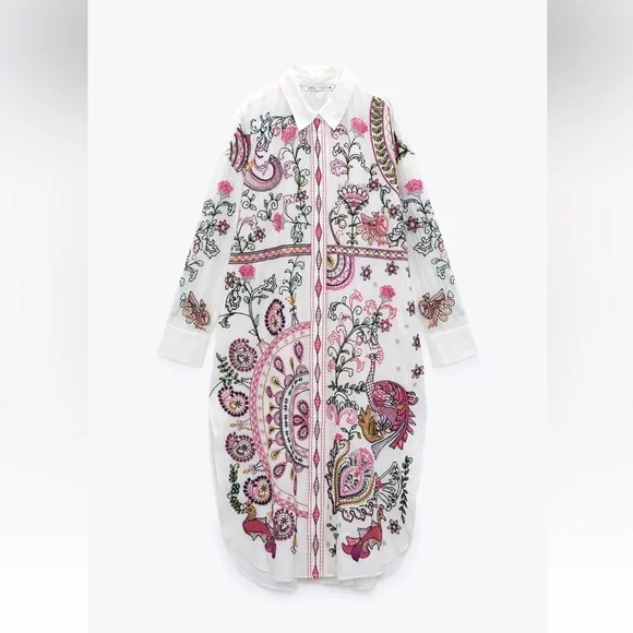 Zara Embroidered Cotton Long Shirt Dress 5107/243 Size XXL - Picture 5 of 10